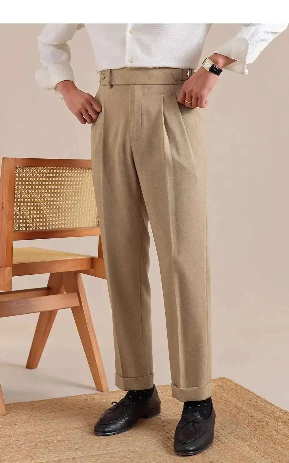 Naples High Waist Linen Suit Pants Men Breathable Straight Leg Office Trousers Men Pantalon Costume Homme Men's Social Trousers
