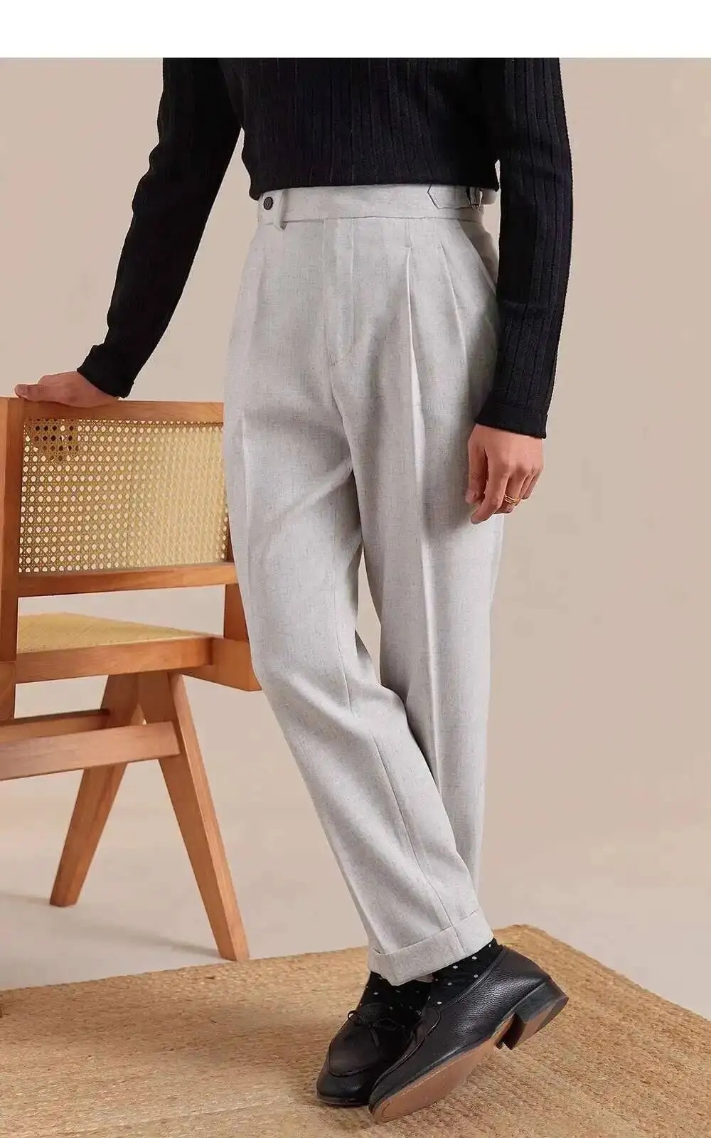 Naples High Waist Linen Suit Pants Men Breathable Straight Leg Office Trousers Men Pantalon Costume Homme Men's Social Trousers