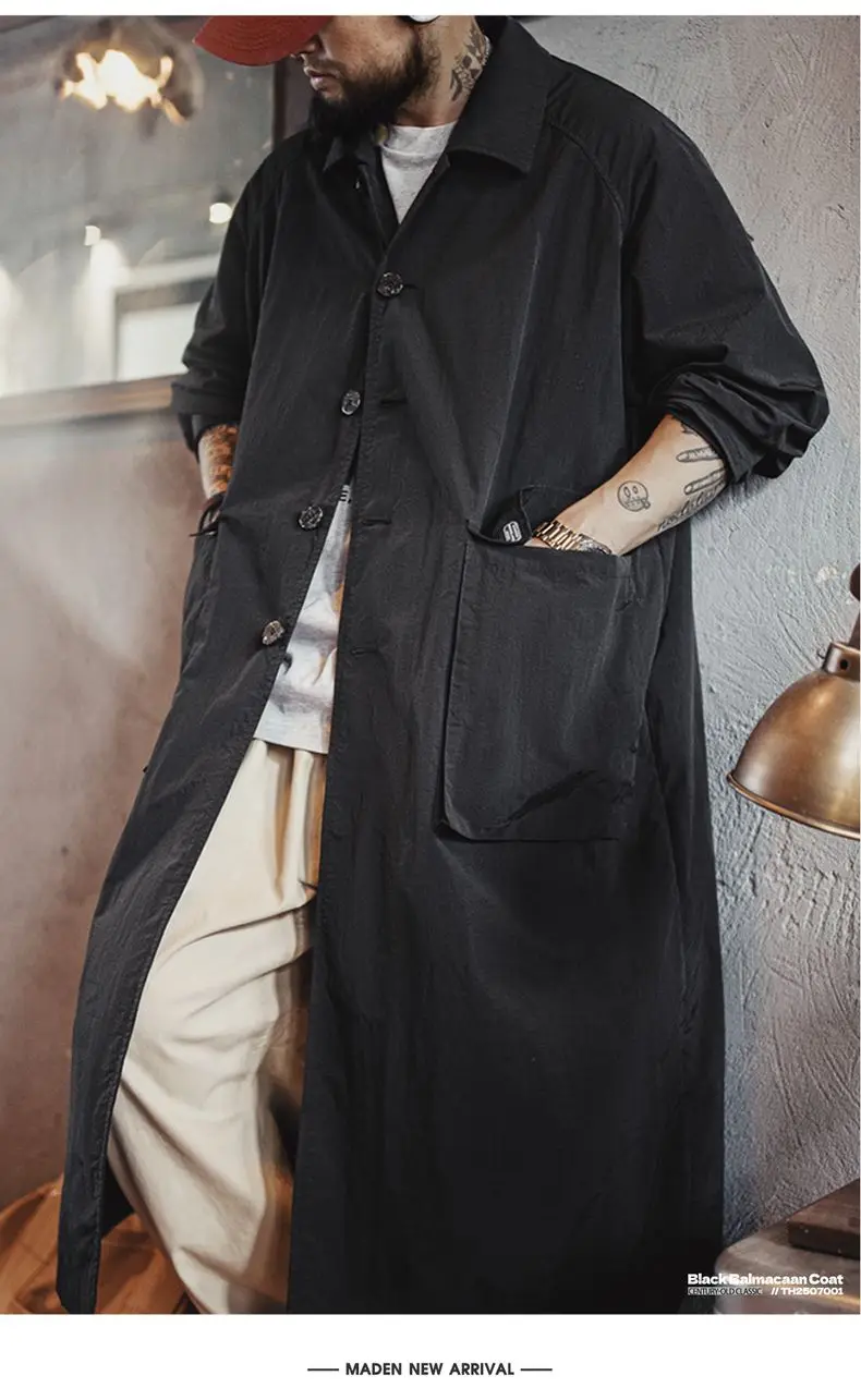 Maden Men's Black Balmacaan Coat Single-Breasted Collar Mid-Length Windproof Overcoat for Spring and Fall Commuter Trench Coat