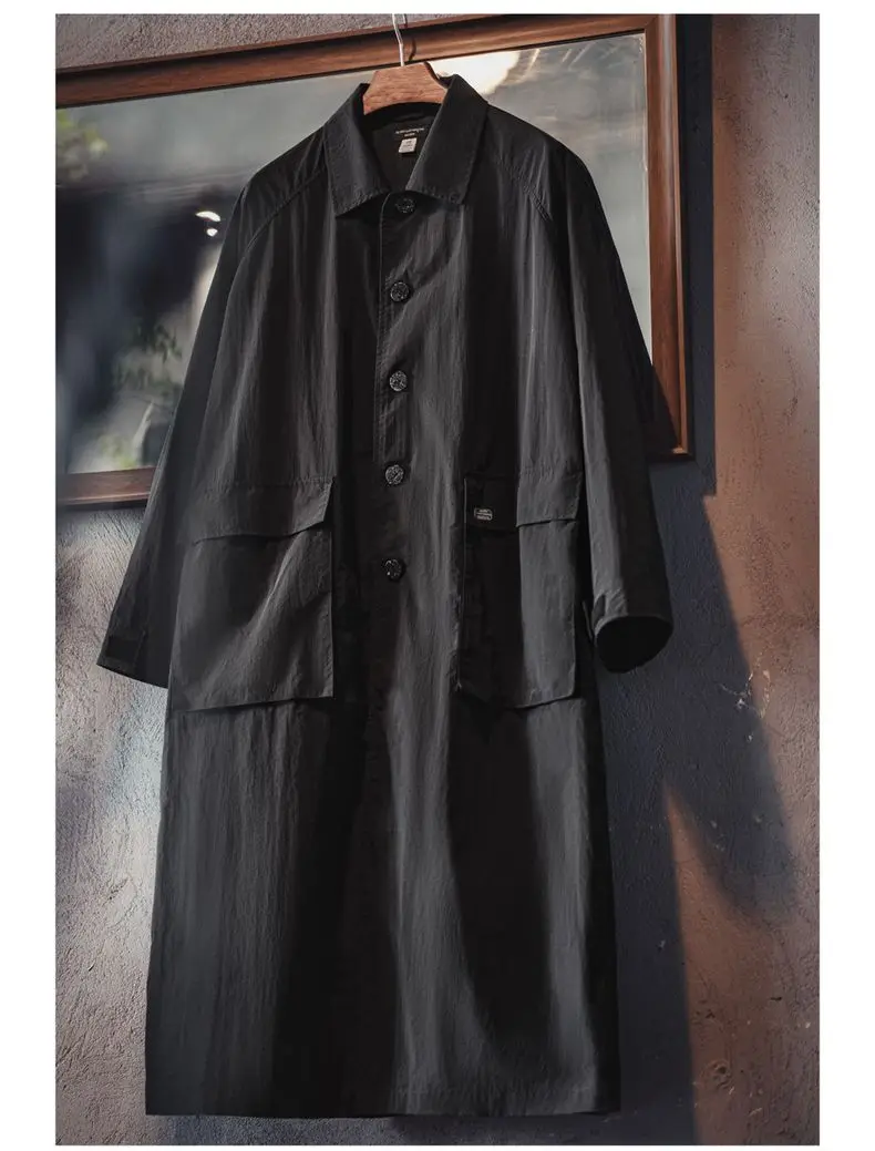 Maden Men's Black Balmacaan Coat Single-Breasted Collar Mid-Length Windproof Overcoat for Spring and Fall Commuter Trench Coat