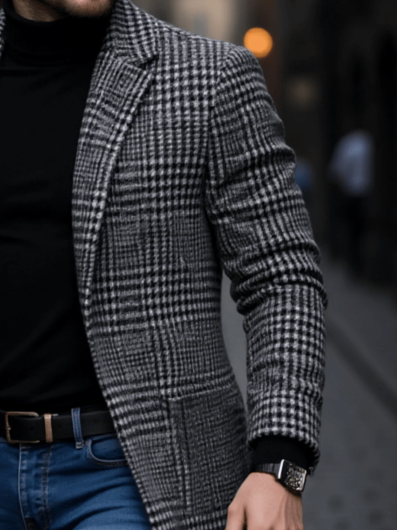 New Arrival Men's Outdoor Thickened Warm Trench Coat Houndstooth Autumn Winter Windproof with Inner Lining Overcoat Trench Coat