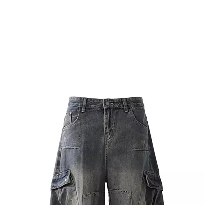 Retro Multi Pocket Curved Knife Jeans Autumn And Winter Vintage Wide Leg Workwear Pants Korean Version High Street Men'S Jeans
