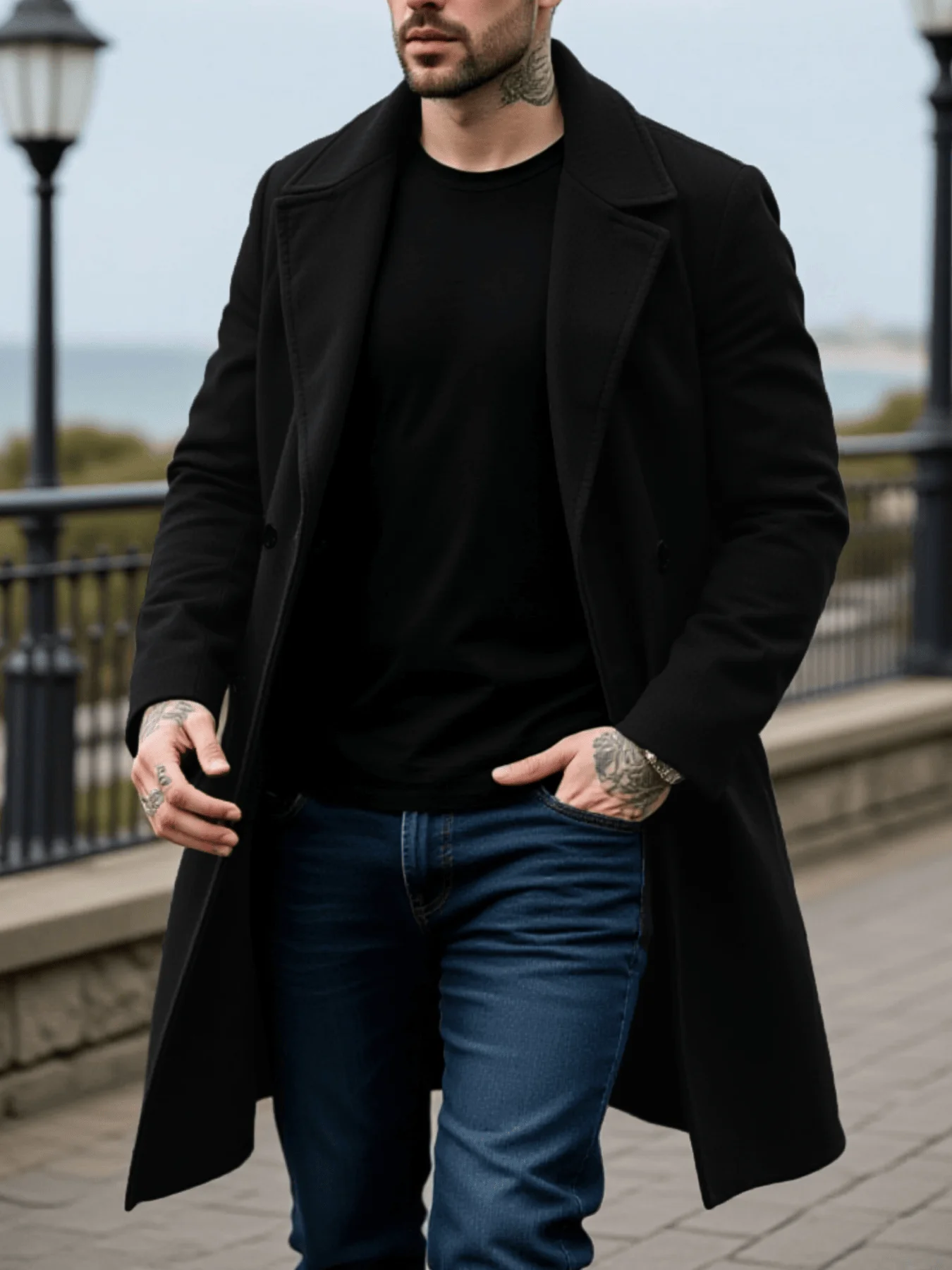 Men's Winter Mid-Length Coat Woolen Warm Coats Lining Double Breasted Lapel Jacket Street Wear Men's Clothing Outerwears