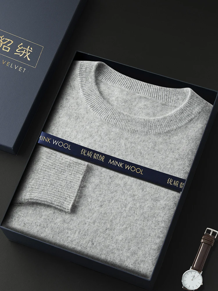 ANGEL Autumn Winter Men's O-neck Sweater Cashmere Pullovers Basic Casual Long Sleeve 100% Mink Cashmere Knitwear Male Clothing