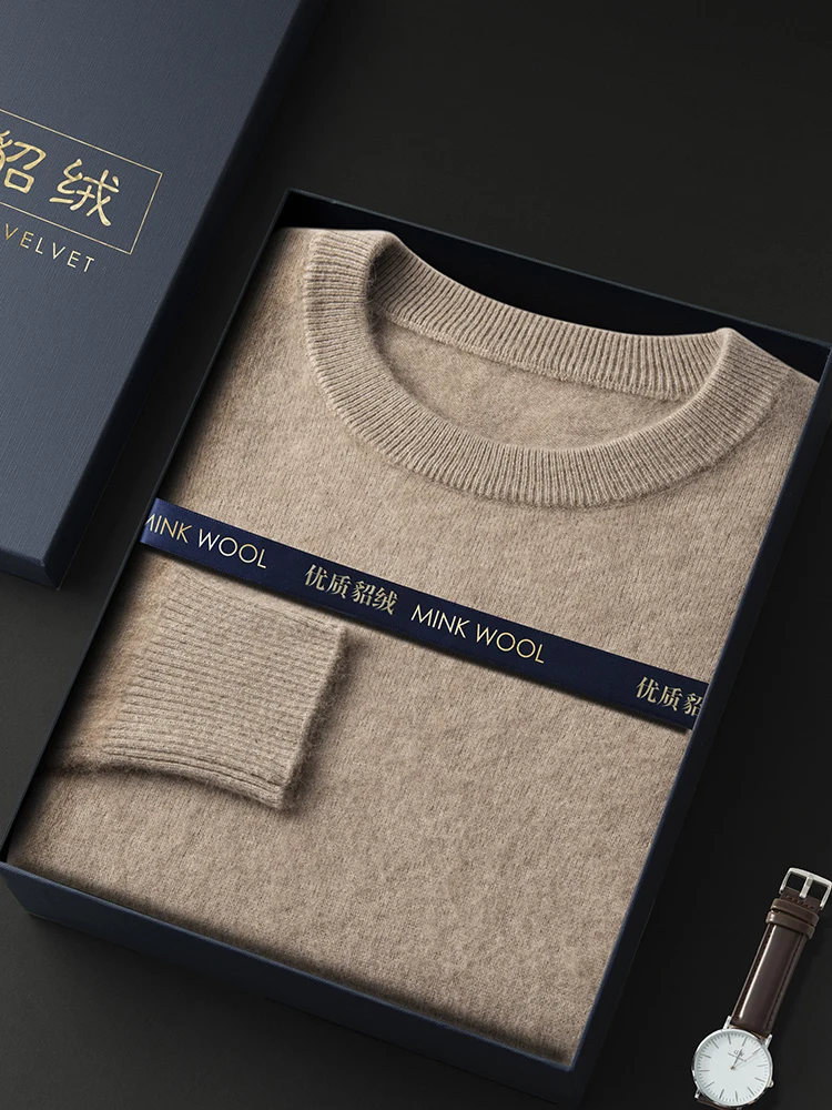 ANGEL Autumn Winter Men's O-neck Sweater Cashmere Pullovers Basic Casual Long Sleeve 100% Mink Cashmere Knitwear Male Clothing