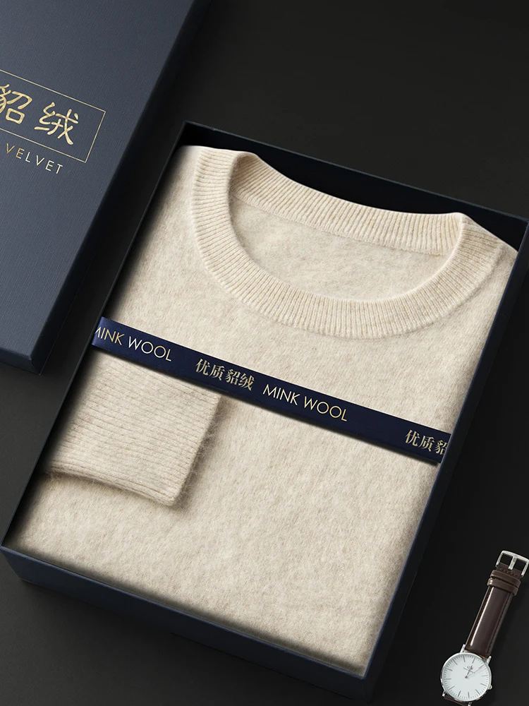 ANGEL Autumn Winter Men's O-neck Sweater Cashmere Pullovers Basic Casual Long Sleeve 100% Mink Cashmere Knitwear Male Clothing