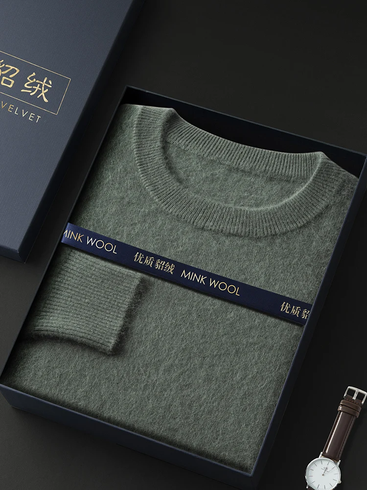 ANGEL Autumn Winter Men's O-neck Sweater Cashmere Pullovers Basic Casual Long Sleeve 100% Mink Cashmere Knitwear Male Clothing