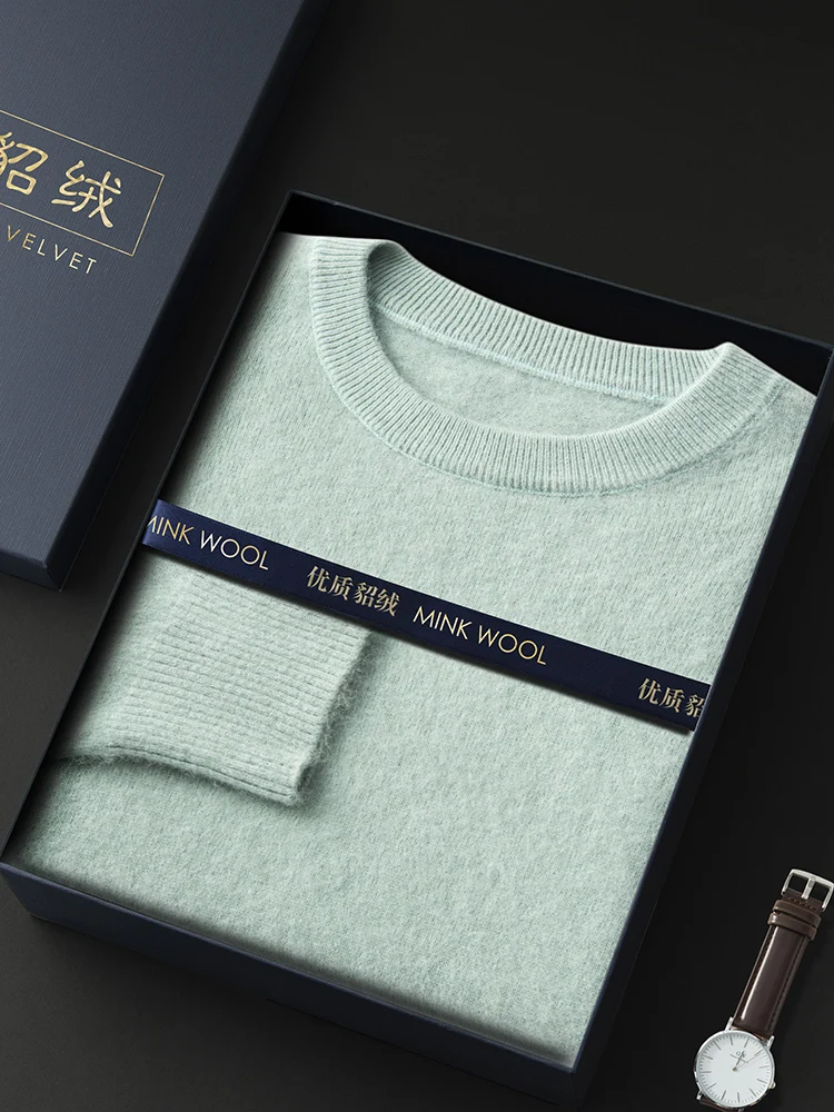 ANGEL Autumn Winter Men's O-neck Sweater Cashmere Pullovers Basic Casual Long Sleeve 100% Mink Cashmere Knitwear Male Clothing