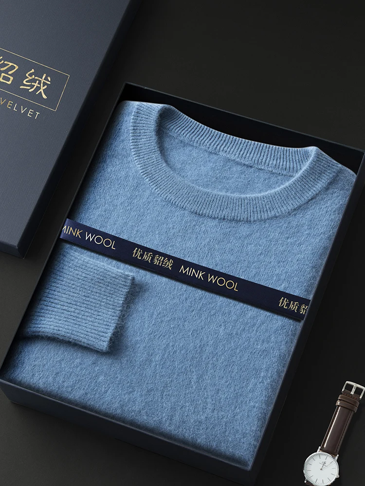 ANGEL Autumn Winter Men's O-neck Sweater Cashmere Pullovers Basic Casual Long Sleeve 100% Mink Cashmere Knitwear Male Clothing