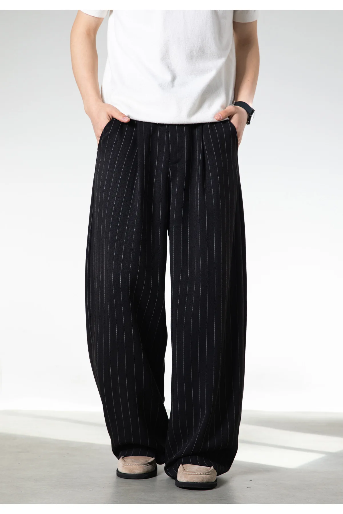 Men's Retro Striped Drape Trousers Loose Fit Old Money Style Casual Wide Leg Pants Fall Winter.