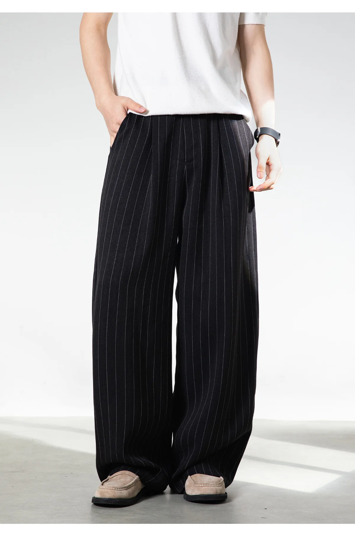 Men's Retro Striped Drape Trousers Loose Fit Old Money Style Casual Wide Leg Pants Fall Winter.
