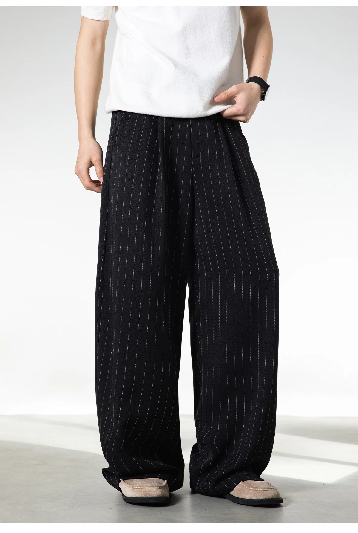 Men's Retro Striped Drape Trousers Loose Fit Old Money Style Casual Wide Leg Pants Fall Winter.