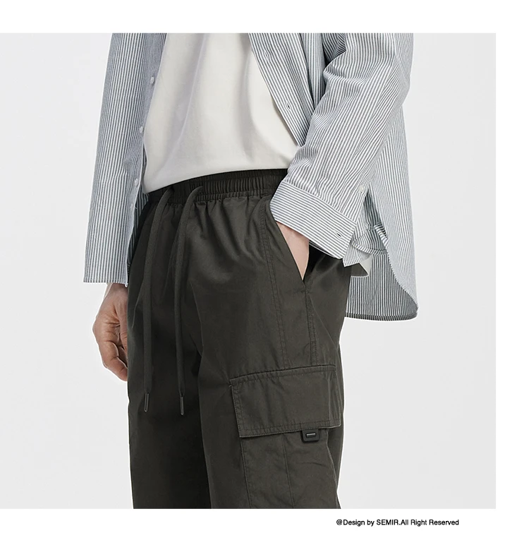 Semir Men Pants Loose Straight Outdoor Cargo Knee Pleat Drawstring Waist Utility Casual Autumn Trousers Daily Wear 2026