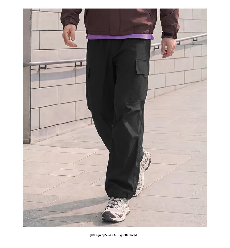 Semir Men Pants Loose Straight Outdoor Cargo Knee Pleat Drawstring Waist Utility Casual Autumn Trousers Daily Wear 2026