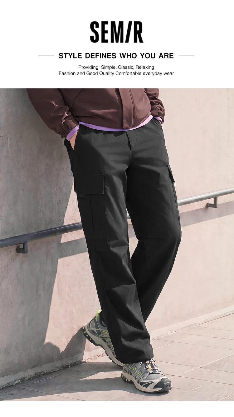 Semir Men Pants Loose Straight Outdoor Cargo Knee Pleat Drawstring Waist Utility Casual Autumn Trousers Daily Wear 2026