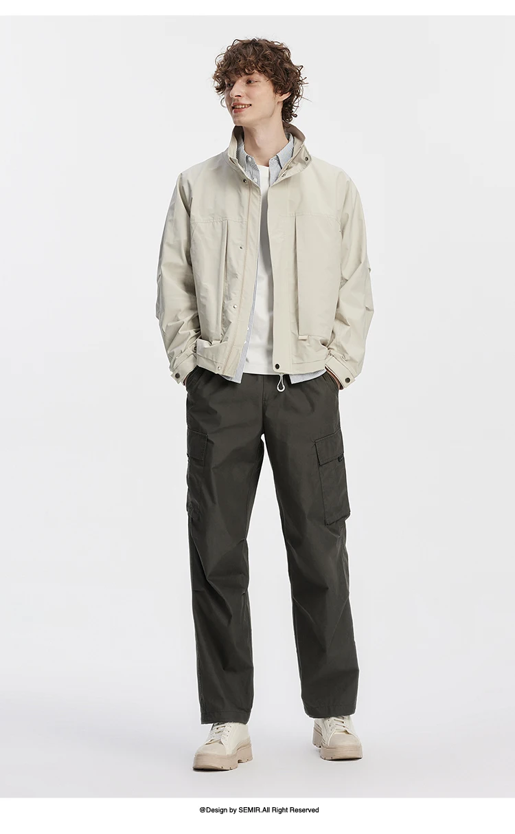Semir Men Pants Loose Straight Outdoor Cargo Knee Pleat Drawstring Waist Utility Casual Autumn Trousers Daily Wear 2026