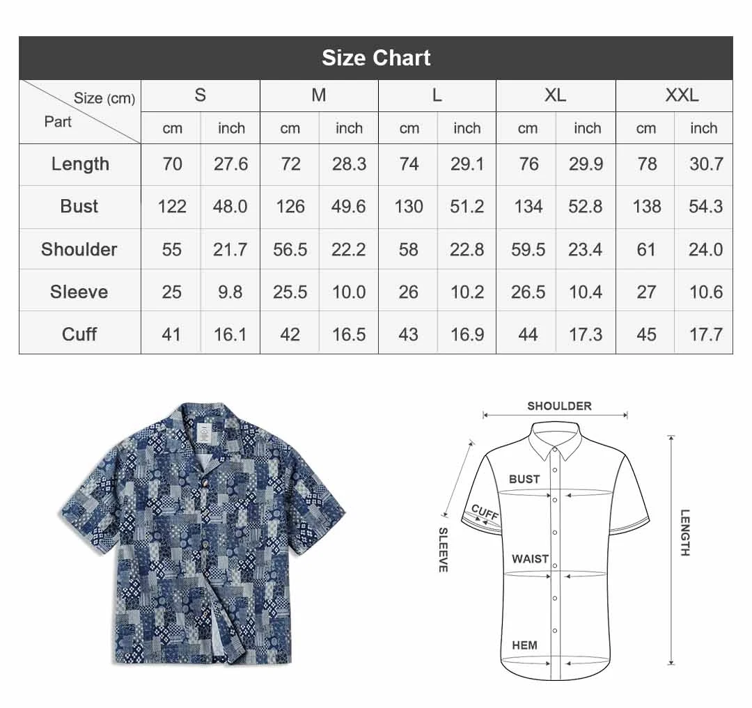 Maden Men's Cotton Printed Short Sleeve Shirt Boro Patchwork Casual Button Up Overshirt Lightweight Breathable Summer Outerwear