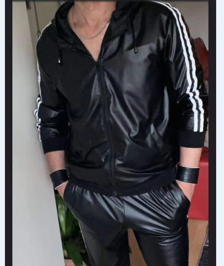 Men's PU Leather Suit Casual Sportswear Jogging Suit Sportswear  Men Outfit Set  Juicy Tracksuit