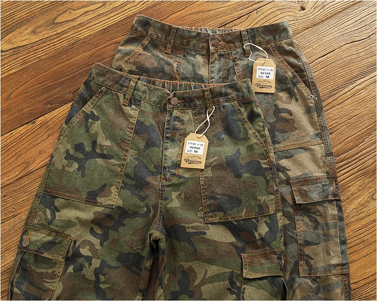 Cargo casual pants men's Japanese style outdoor multi-pocket loose retro elastic waist profile straight drum camouflage pants