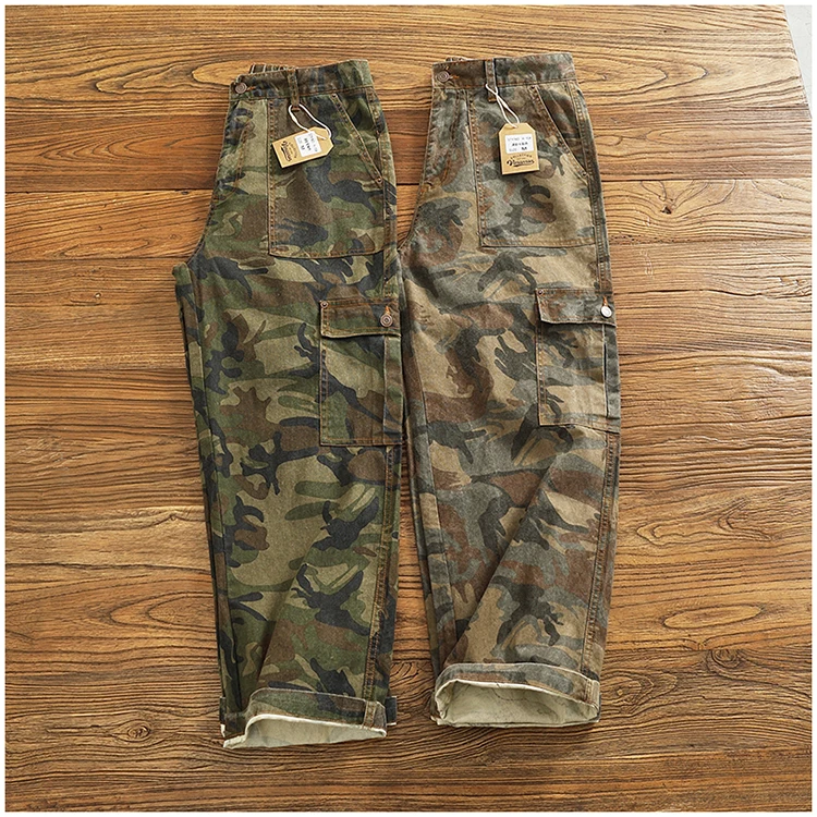 Cargo casual pants men's Japanese style outdoor multi-pocket loose retro elastic waist profile straight drum camouflage pants