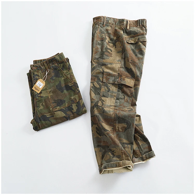 Cargo casual pants men's Japanese style outdoor multi-pocket loose retro elastic waist profile straight drum camouflage pants