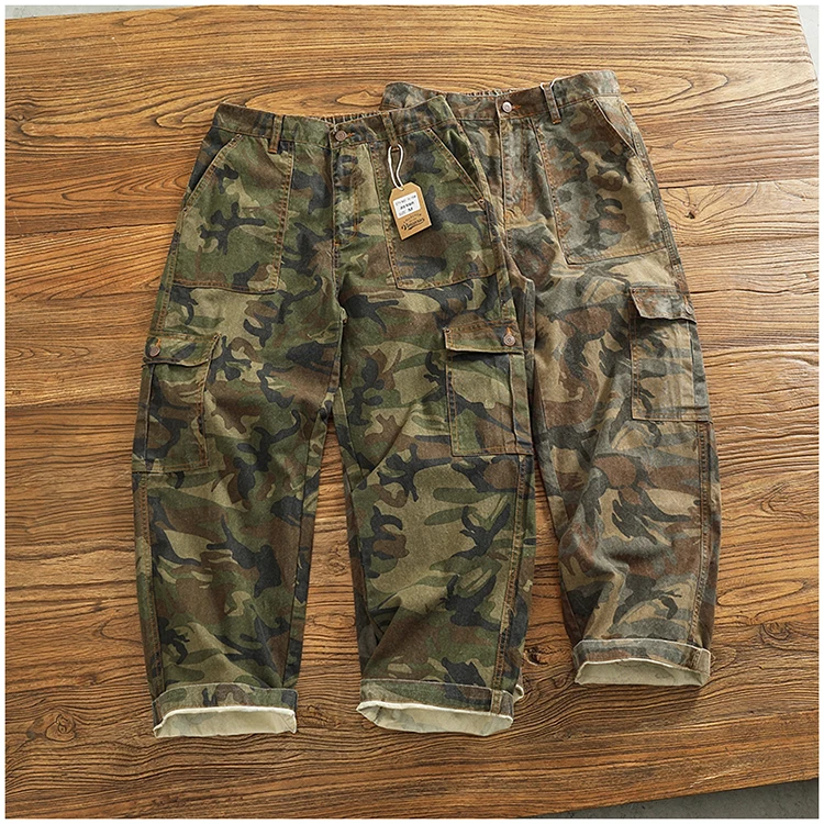 Cargo casual pants men's Japanese style outdoor multi-pocket loose retro elastic waist profile straight drum camouflage pants