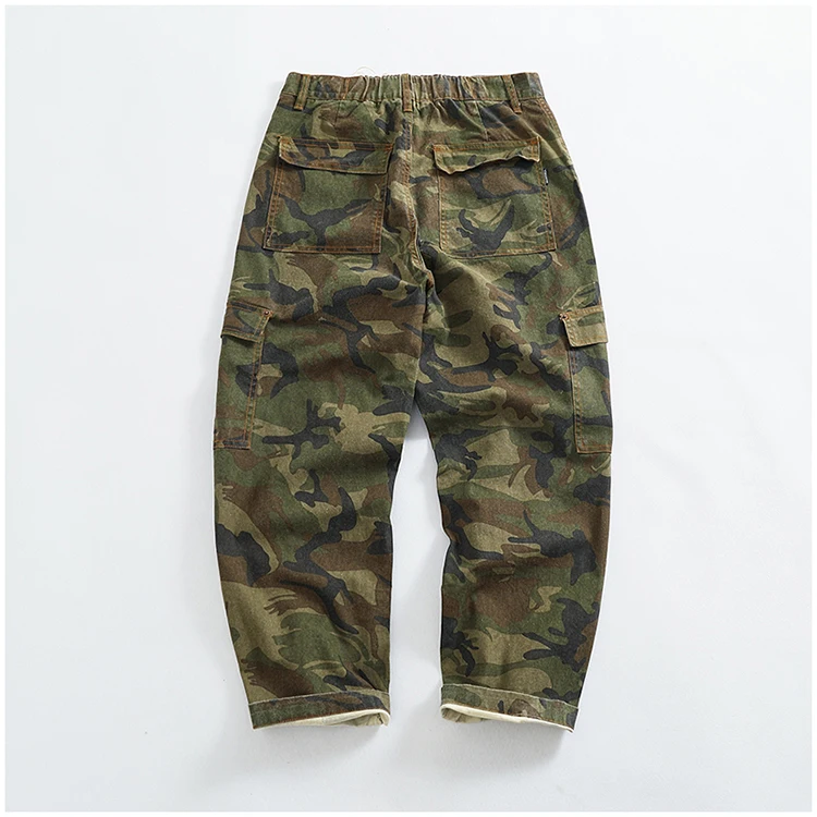 Cargo casual pants men's Japanese style outdoor multi-pocket loose retro elastic waist profile straight drum camouflage pants
