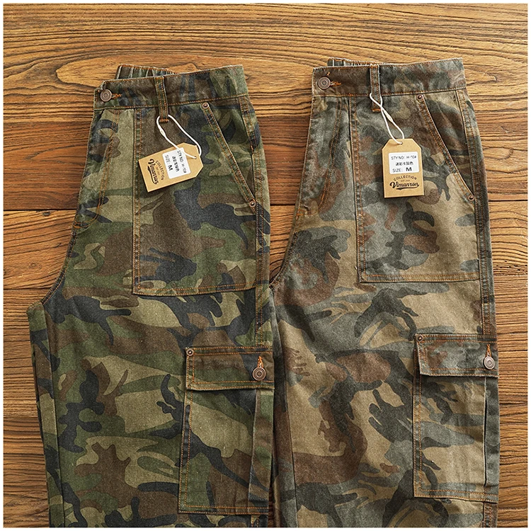 Cargo casual pants men's Japanese style outdoor multi-pocket loose retro elastic waist profile straight drum camouflage pants
