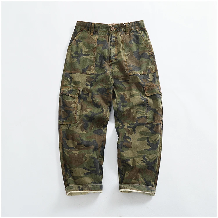 Cargo casual pants men's Japanese style outdoor multi-pocket loose retro elastic waist profile straight drum camouflage pants