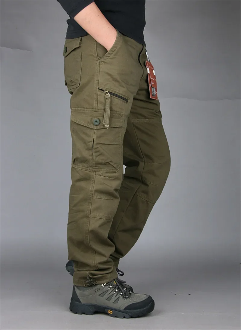 2026 New Winter Autumn Men Cargo Pants Cotton Straight Slacks Multi Pockets Casual Tactical Work Trousers