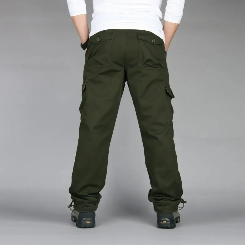 2026 New Winter Autumn Men Cargo Pants Cotton Straight Slacks Multi Pockets Casual Tactical Work Trousers