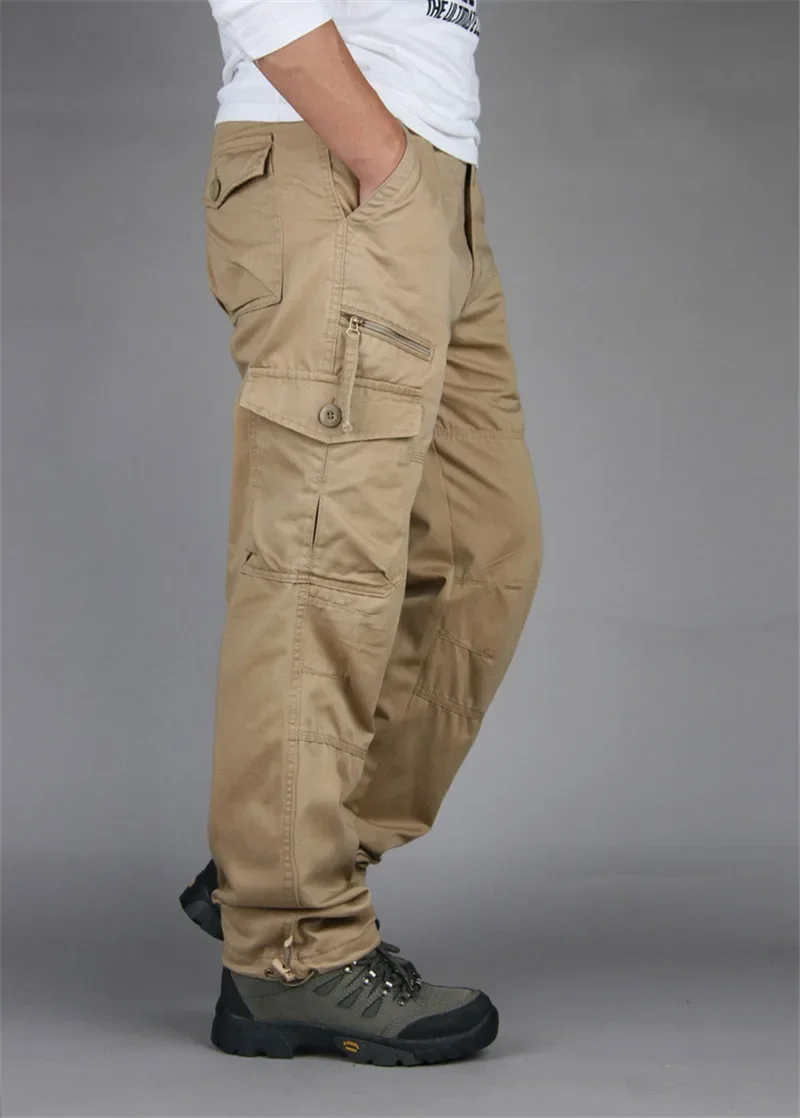 2026 New Winter Autumn Men Cargo Pants Cotton Straight Slacks Multi Pockets Casual Tactical Work Trousers