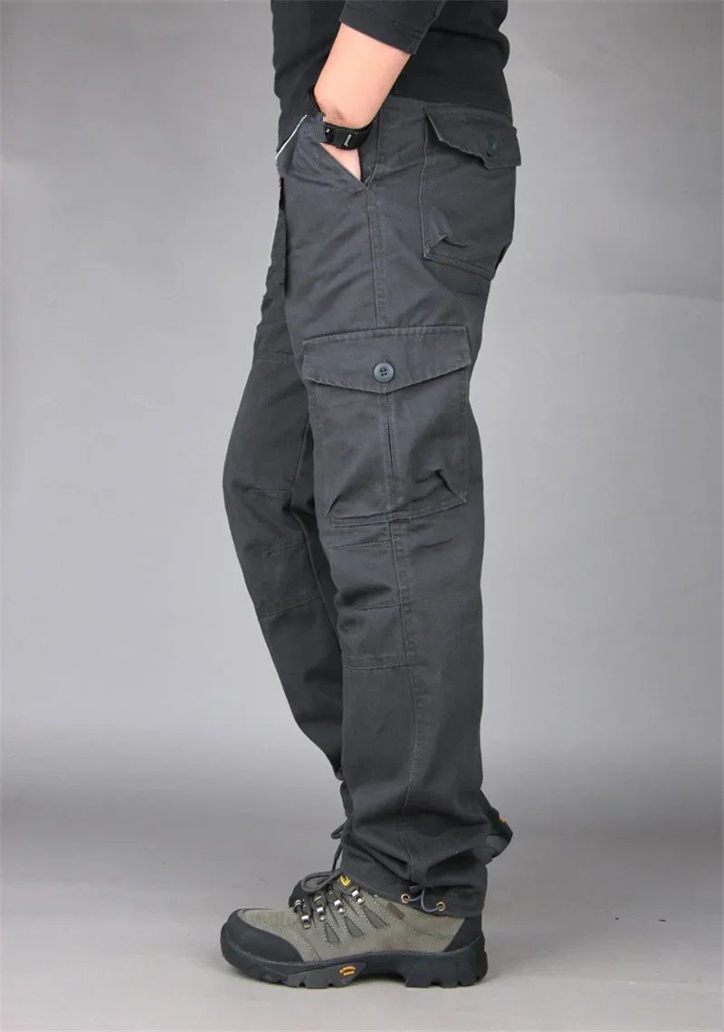 2026 New Winter Autumn Men Cargo Pants Cotton Straight Slacks Multi Pockets Casual Tactical Work Trousers