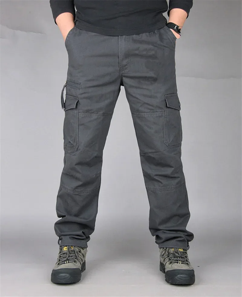 2026 New Winter Autumn Men Cargo Pants Cotton Straight Slacks Multi Pockets Casual Tactical Work Trousers