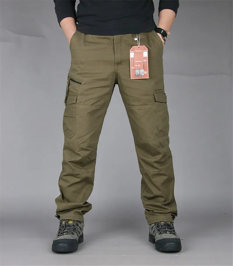 2026 New Winter Autumn Men Cargo Pants Cotton Straight Slacks Multi Pockets Casual Tactical Work Trousers