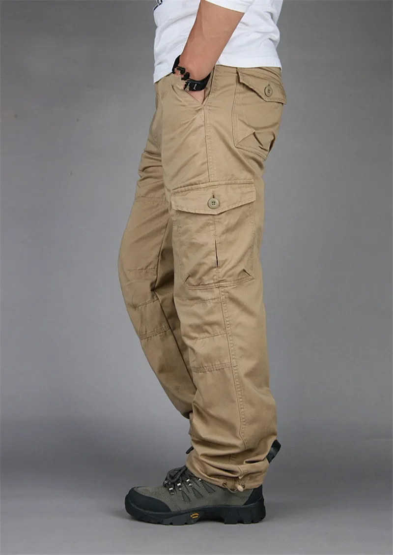 2026 New Winter Autumn Men Cargo Pants Cotton Straight Slacks Multi Pockets Casual Tactical Work Trousers