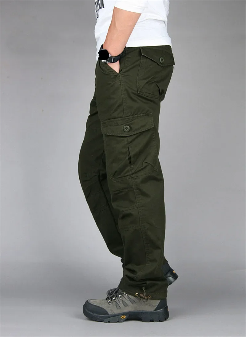 2026 New Winter Autumn Men Cargo Pants Cotton Straight Slacks Multi Pockets Casual Tactical Work Trousers