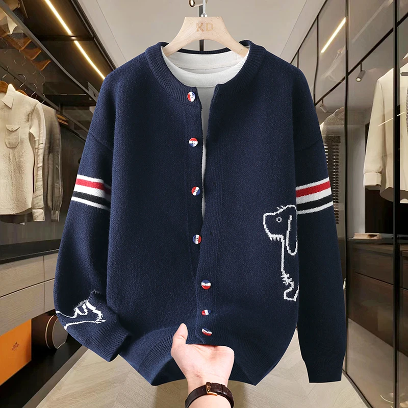 New Autumn Winter Men's Sweater Jacket, Single Breasted Knitted Pattern Embroidered Cardigan, British Fashionable Men's Clothing