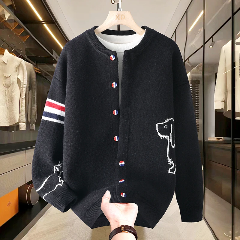 New Autumn Winter Men's Sweater Jacket, Single Breasted Knitted Pattern Embroidered Cardigan, British Fashionable Men's Clothing