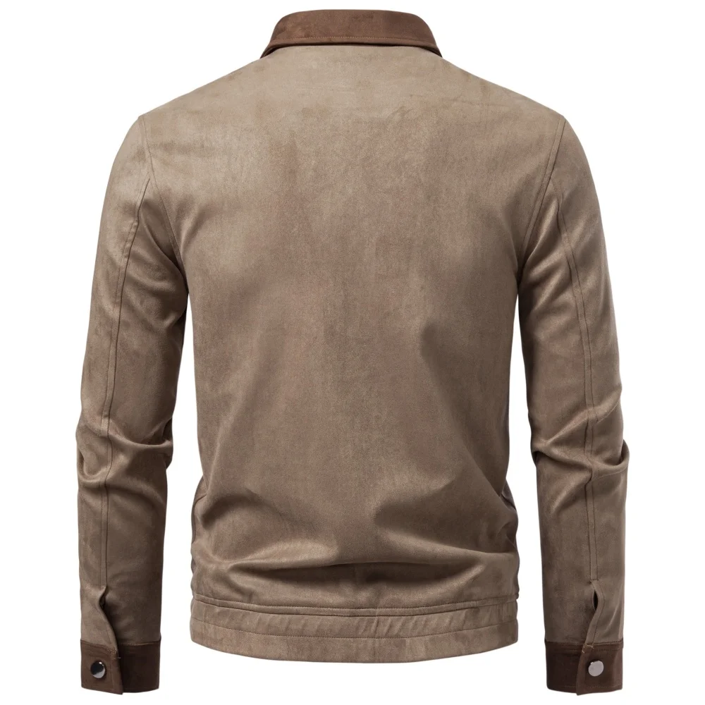 AIOPESON Men Vintage Business Jacket Faux Suede Zip Up Lapel Collar Pockets Ribbed Cuffs Color Block Slim Fit Spring Autumn Coat