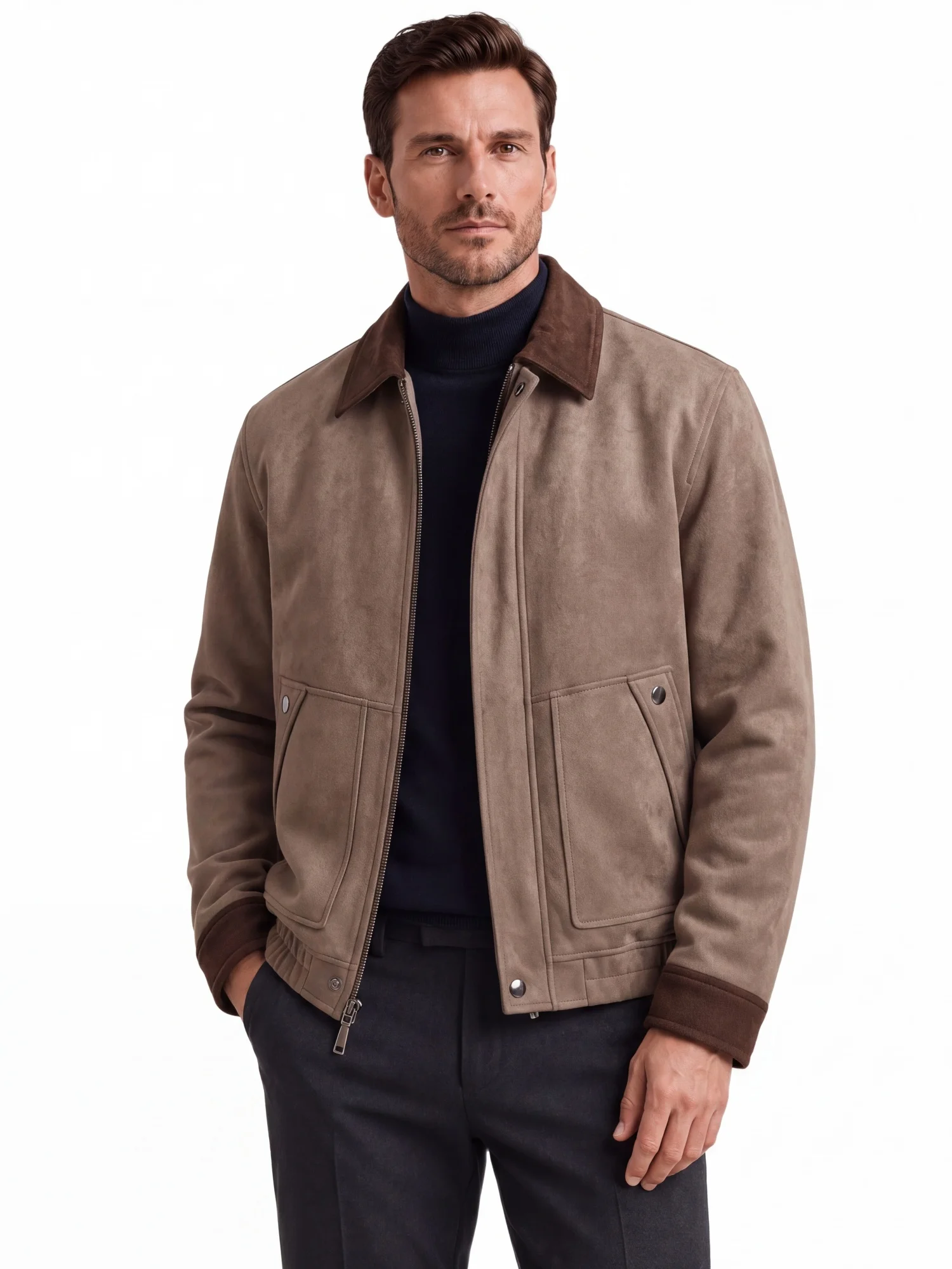 AIOPESON Men Vintage Business Jacket Faux Suede Zip Up Lapel Collar Pockets Ribbed Cuffs Color Block Slim Fit Spring Autumn Coat