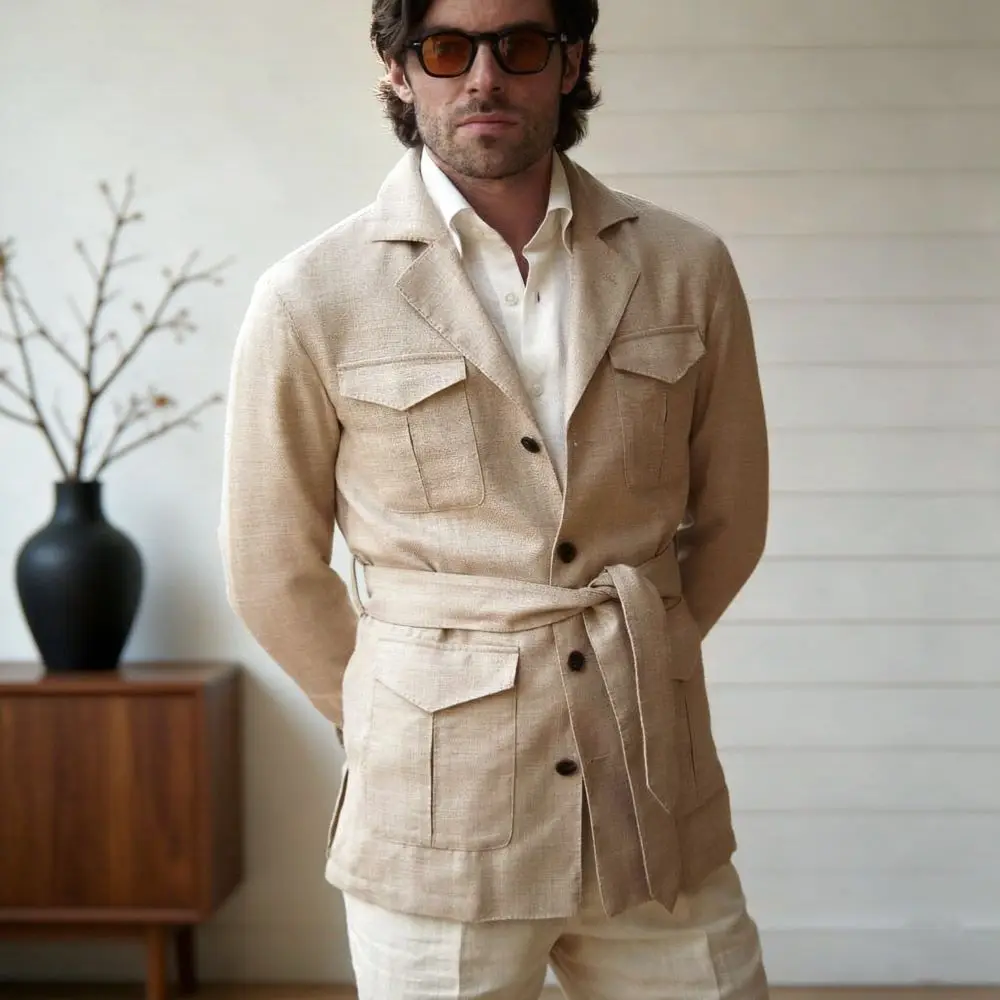 Safari Linen Suits for Men with Belt 2 Pieces Single Breasted Wedding Tuxedo for Groomsmen Formal Events Daily Wear Prom 2026