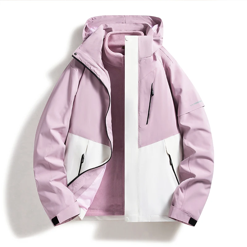 Men Women 3‑In‑1 Detachable Fleece Liner Jacket Color Block Waterproof Windproof Hooded Hiking Camping Winter Coat