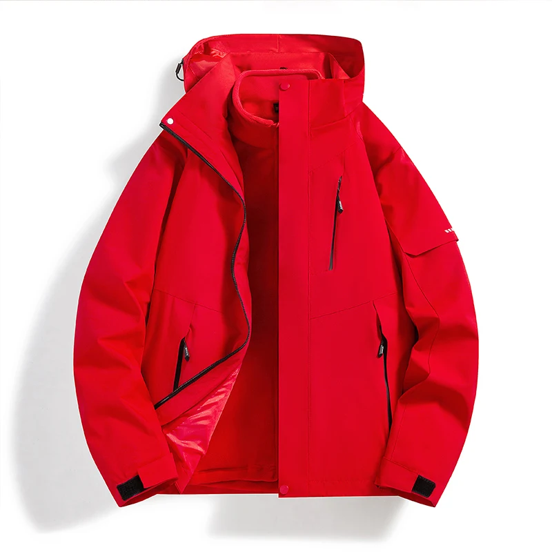 Men Women 3‑In‑1 Detachable Fleece Liner Jacket Color Block Waterproof Windproof Hooded Hiking Camping Winter Coat