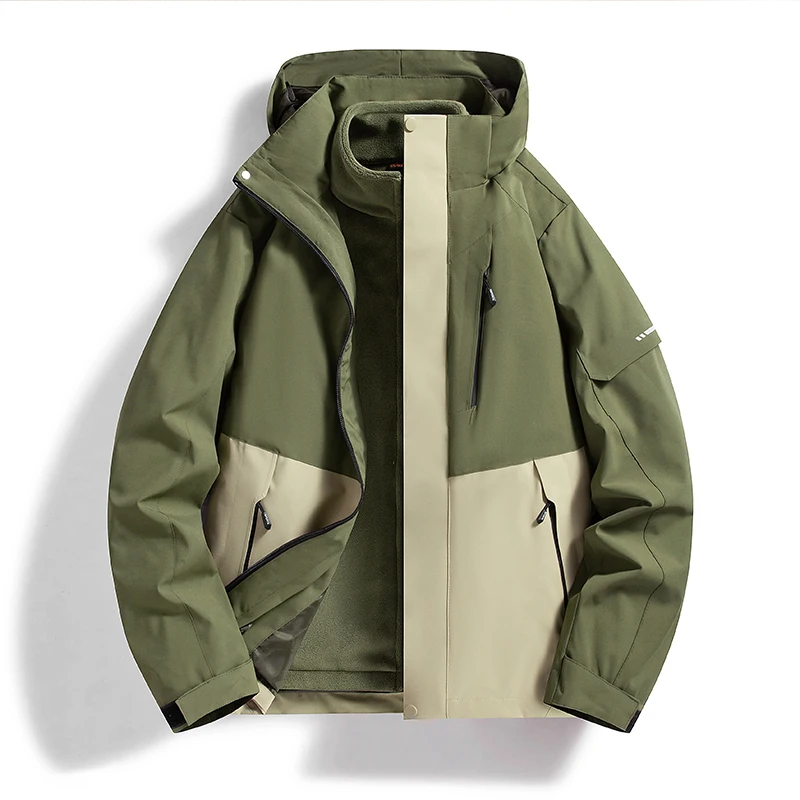 Men Women 3‑In‑1 Detachable Fleece Liner Jacket Color Block Waterproof Windproof Hooded Hiking Camping Winter Coat