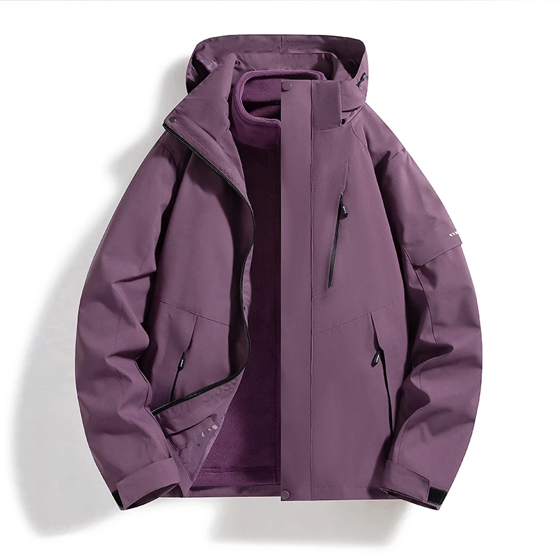 Men Women 3‑In‑1 Detachable Fleece Liner Jacket Color Block Waterproof Windproof Hooded Hiking Camping Winter Coat