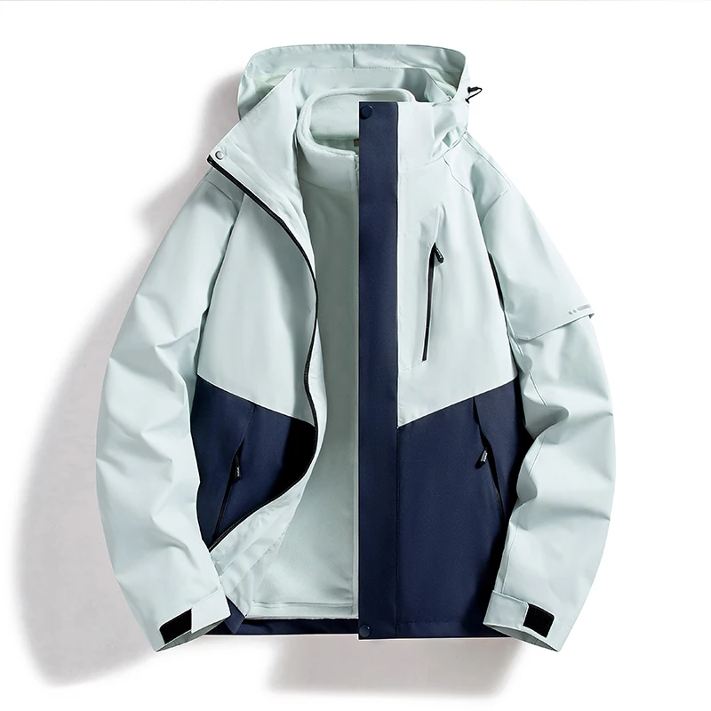 Men Women 3‑In‑1 Detachable Fleece Liner Jacket Color Block Waterproof Windproof Hooded Hiking Camping Winter Coat