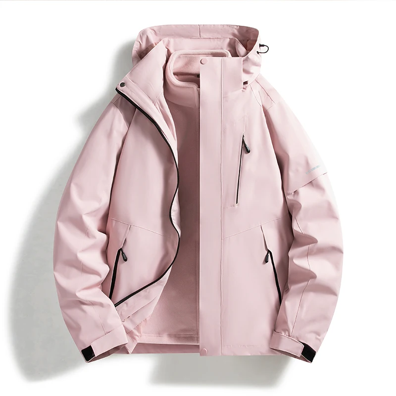 Men Women 3‑In‑1 Detachable Fleece Liner Jacket Color Block Waterproof Windproof Hooded Hiking Camping Winter Coat