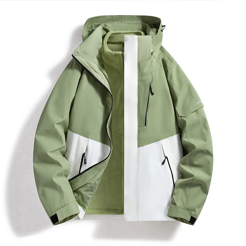 Men Women 3‑In‑1 Detachable Fleece Liner Jacket Color Block Waterproof Windproof Hooded Hiking Camping Winter Coat