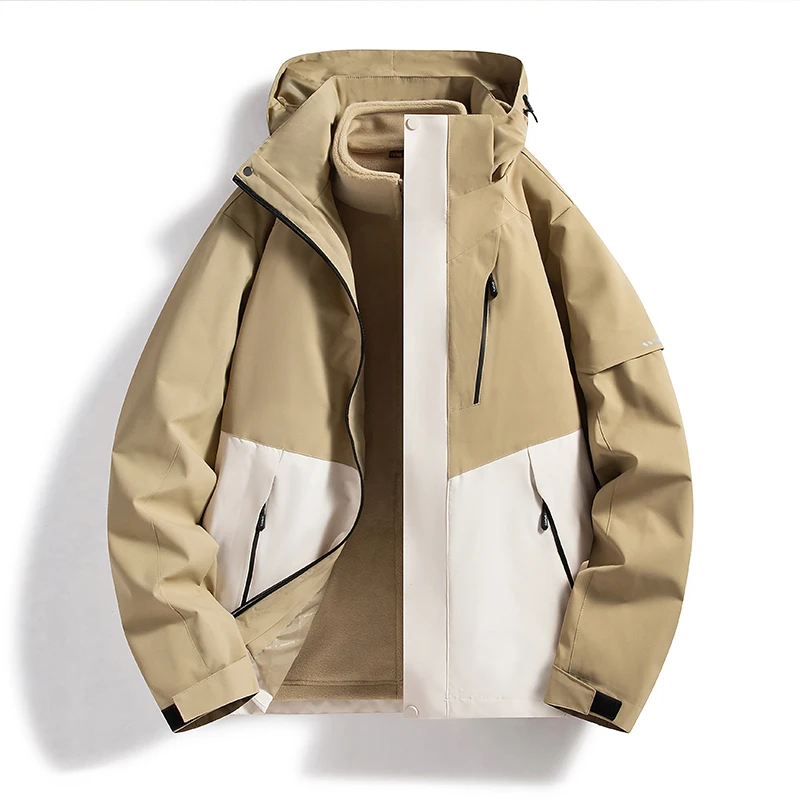Men Women 3‑In‑1 Detachable Fleece Liner Jacket Color Block Waterproof Windproof Hooded Hiking Camping Winter Coat